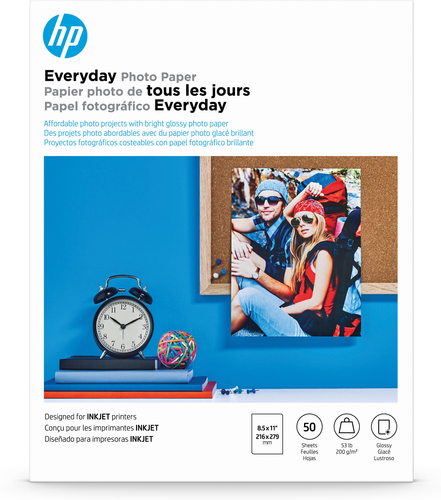 Papel Fotografico HP Everyday Photo Paper, Glossy, 52 lb, 8.5 x 11 in. (216 x 279 mm), 50 sheets, Funciona con impresoras de inyección de tinta, optimizadas para tinta original HP, 15 - 30 °C, 5 - 30 °C, 20 - 80%, 238.1 mm, 14.3 mm