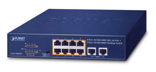 Switch PLANET GSD-1008HP No administrado, RJ-45 10, Gigabit Ethernet (10/100/1000), (PoE +) 8, 1U, Azul