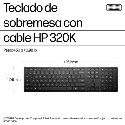 Miniatura 3 de Teclado HP Teclado de escritorio 320K con cable Alámbrico, USB, Interruptor de membrana, Negro
