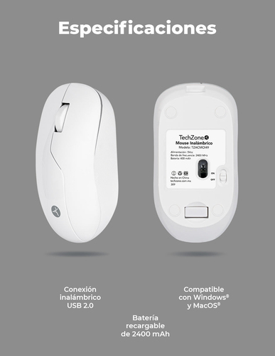 Miniatura 3 de Mouse TechZone TZACMOI49 3 Botones, 1200 DPI, RF inalámbrico, 10 m, Blanco