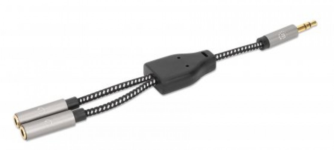 Cable de audio Manhattan 3,5mm a 2 x 3.5mm, 0.15 m, Negro, Plata