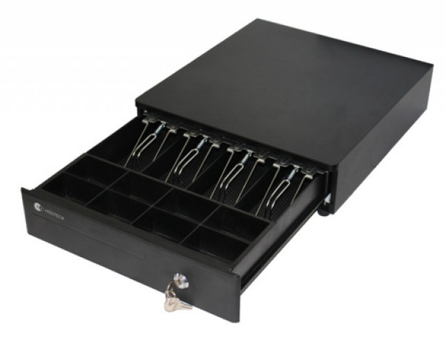 Cajon De Dinero Para Punto De Venta HOSTECH HT-300, 4 Billetes, 8 Monedas, Acero, Negro