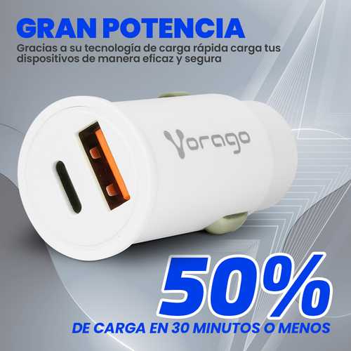 Miniatura 3 de Cargador Vorago 12 - 24 V, Universal, Auto, 1USB-C, Carga rápida, 20 W, Blanco