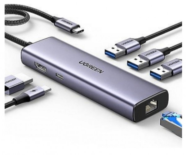 Docking Station Ugreen, 6 Puertos, Interfaz USB-C, 3x USB-A, 1x USB-C (PD), 1x HDMI, 1x RJ45, Plata