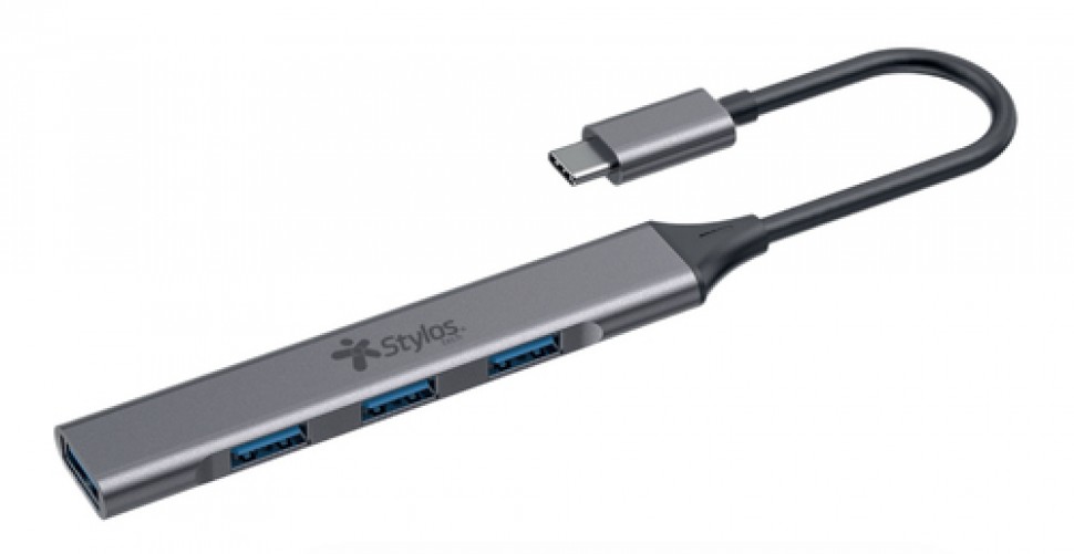 HUB Stylos HB002 Interfaz USB Tipo C, Cantidad de puertos 4, 3 USB 2.0, Longitud de cable 0.0057 m, Velocidad 480 Mbit/s, Color Plata