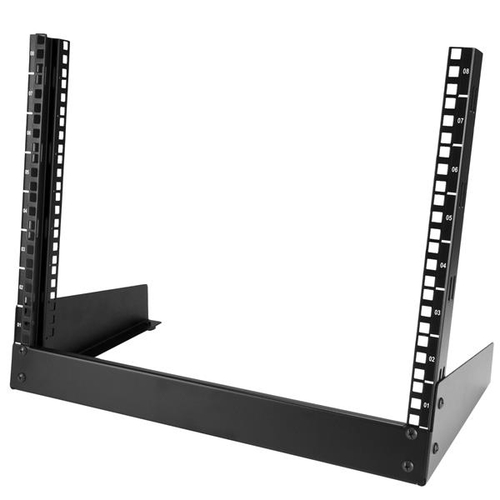Rack StarTech.com Tipo Rack o bastidor independiente, Capacidad del rack 8U, 2 postes, Acero, Peso Max. 50 kg, Color Negro, Incluye tuercas Si