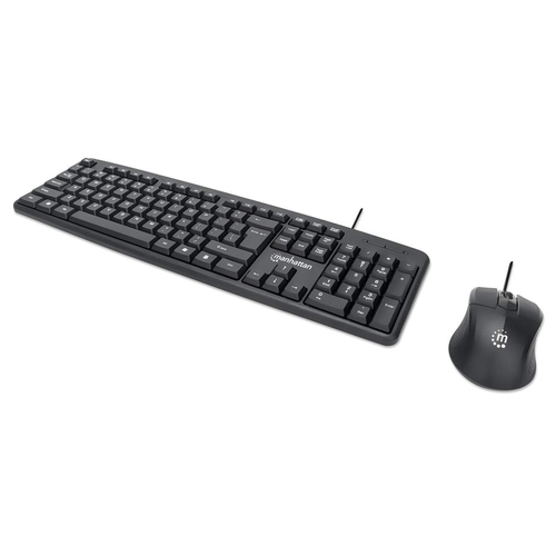 Kit Teclado y Mouse Manhattan Juego de teclado y mouse óptico, cableados USB, Interruptor de membrana, Alámbrico, 1000 DPI, Negro